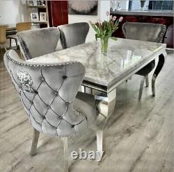 Set Of 2 Light Grey Velvet Button Pleated Lion Knocker Dining Chairs
