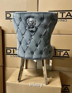 Set Of 4 Dark Grey Velvet Button Pleated Lion Knocker Dining Chairs