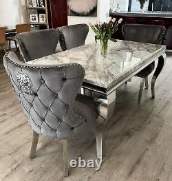 Set Of 4 Dark Grey Velvet Button Pleated Lion Knocker Dining Chairs