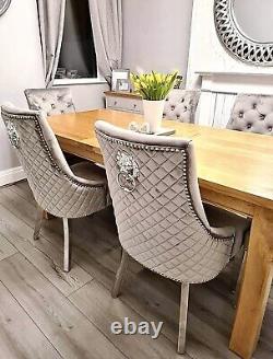 Set Of 4 Light Grey Velvet Lion Knocker Dining Chairs Stainless Steel Chrome