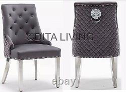 Set Of 6 Dark Grey Velvet Lion Knocker Dining Chairs Stainless Steel Chrome