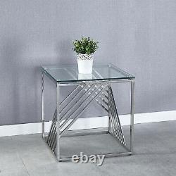 Square Glass Side Table Chrome Stainless Steel Modern Tempered Glass Living Room