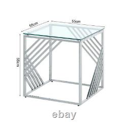 Square Glass Side Table Chrome Stainless Steel Modern Tempered Glass Living Room