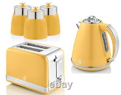 Swan Retro Yellow Jug Kettle 2 Slice Toaster & 3 Storage Canisters Kitchen Set