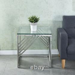 Tempered Glass Side End Table Stainless Steel Chrome Legs Living Room Furniture