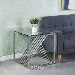 Tempered Glass Side End Table Stainless Steel Chrome Legs Living Room Furniture