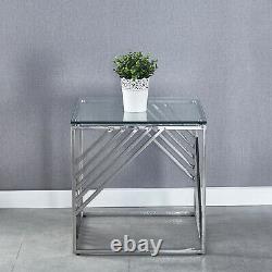 Tempered Glass Side End Table Stainless Steel Chrome Legs Living Room Furniture