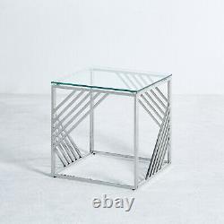 Tempered Glass Side End Table Stainless Steel Chrome Legs Living Room Furniture