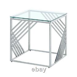 Tempered Glass Side End Table Stainless Steel Chrome Legs Living Room Furniture