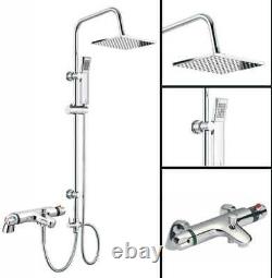 Thermostatic Bath Shower Mixer Tap With Square 3 Way Rigid Riser Rail Kit H