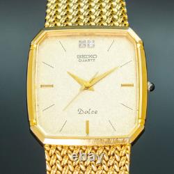 Vintage 1989 N-MINT SEIKO Dolce 9521-5210 2P Diamonds Square Gold Men Watch