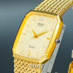 Vintage 1989 N-MINT SEIKO Dolce 9521-5210 2P Diamonds Square Gold Men Watch
