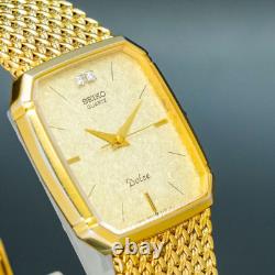 Vintage 1989 N-MINT SEIKO Dolce 9521-5210 2P Diamonds Square Gold Men Watch