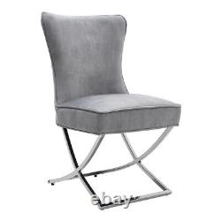 2x Chaises de salle à manger modernes avec pieds en acier inoxydable chromé et siège rembourré en velours en forme de X