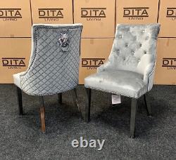 Ensemble de 4 chaises de salle à manger en velours gris clair avec des heurtoirs en forme de lion en acier inoxydable chromé
