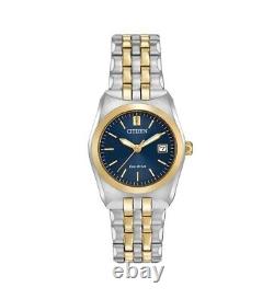 Montre en acier inoxydable bicolore Citizen Eco-Drive pour dames avec cadran bleu EW2294-53L