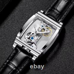 Montre squelette pour homme en acier inoxydable transparent avec bracelet en cuir noir volant