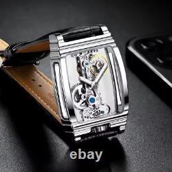 Montre squelette pour homme en acier inoxydable transparent avec bracelet en cuir noir volant