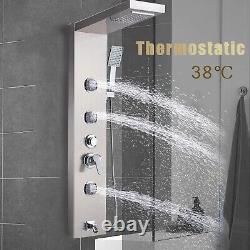 Panneau de douche thermostatique en colonne en nickel avec 4 fonctions, douchette à main en acier inoxydable.