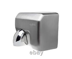 Sèche-mains commercial en acier inoxydable à haute vitesse avec buse à 360° et finition chromée.