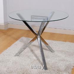Table à manger en verre trempé avec dessus de table transparent et pieds de base en acier inoxydable trépied