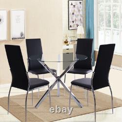 Table à manger en verre trempé avec dessus de table transparent et pieds de base en acier inoxydable trépied