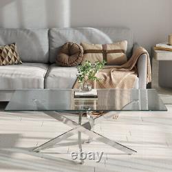 Table basse en verre moderne en acier inoxydable chromé et en verre trempé pour le salon.