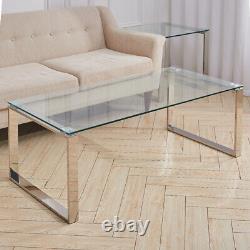 Table basse en verre trempé avec pieds en acier inoxydable chromé - Meuble de salon