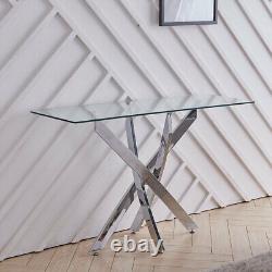 Table basse en verre trempé transparent moderne de 120 cm avec pieds en acier inoxydable chromé