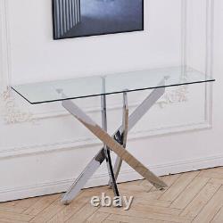 Table basse en verre trempé transparent moderne de 120 cm avec pieds en acier inoxydable chromé
