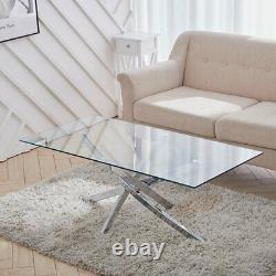 Table basse moderne avec dessus en verre trempé transparent et pied en acier inoxydable chromé