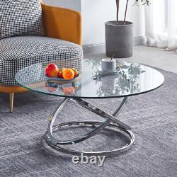 Table centrale ronde de 90 cm en chrome, grande table basse avec pieds en anneaux entrecroisés
