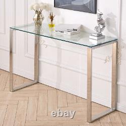 Table console en verre trempé avec pieds en acier inoxydable chromé - Meuble de salon