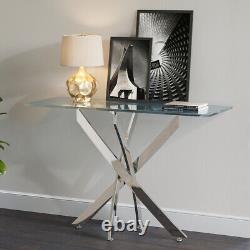 Table console en verre trempé avec pieds en acier inoxydable chromé - Mobilier de salon