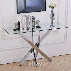 Table console en verre trempé avec pieds en acier inoxydable chromé - Mobilier de salon